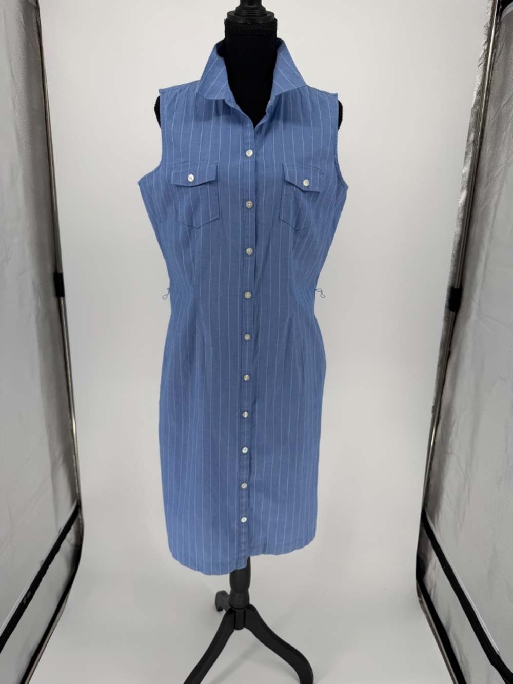 Ann Taylor Blue White Pinstripe Sleeveless Button Front Shirt Dress 12 - Picture 11 of 12